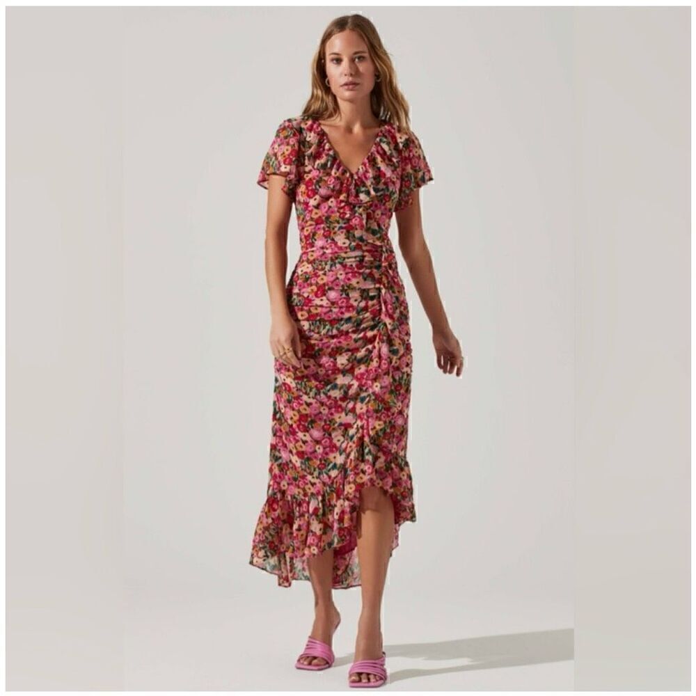 Astr the Label Vilma Floral Ruched Ruffle Detail Asymmetrical Hem Midi Dress